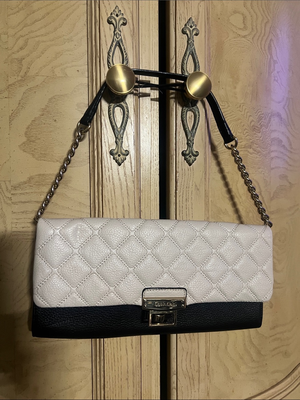 Calvin Klein Quilted White and Black Chain Shoulder Bag